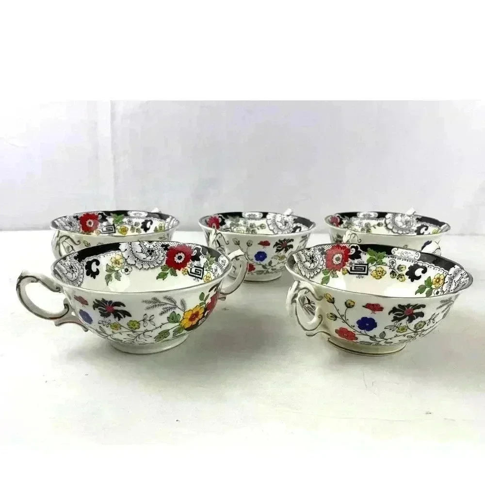 VTG Set of 5 Swansea Soup Dish Bowl Floral Pattern Bone China Canton‎ Gold Trim